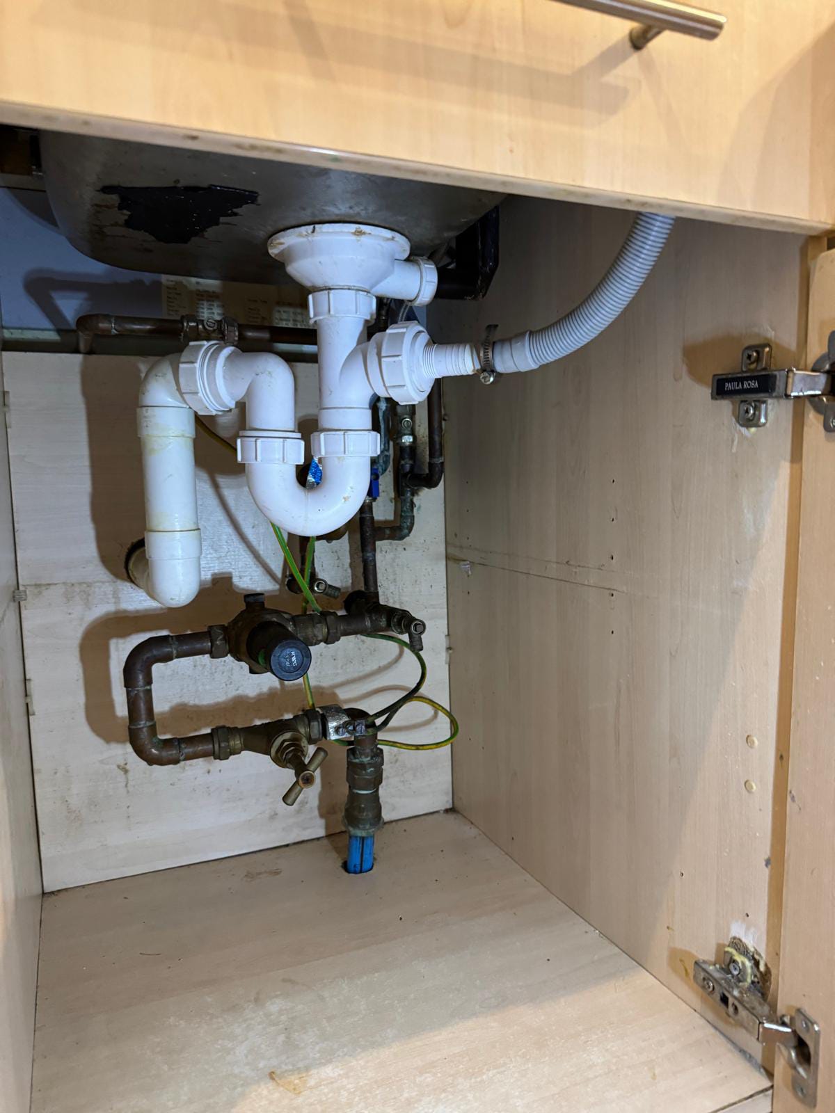 Under-sink plumbing with trap, isolation valves and earth bonding